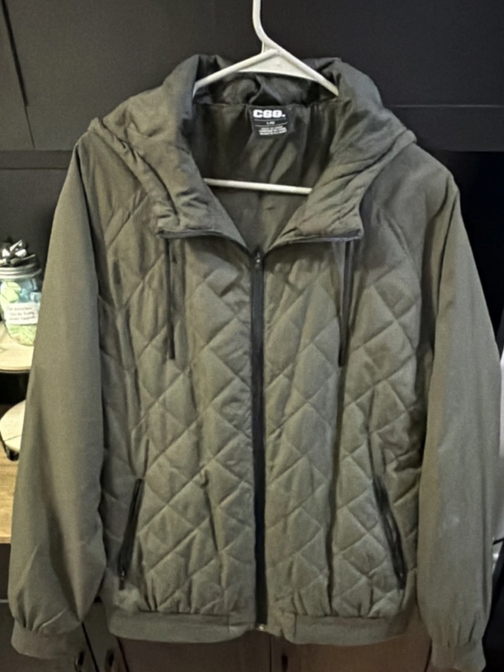 CSG Quilted Hooded Full Zip Jacket Olive Diamond Pattern L Men's Outdoor